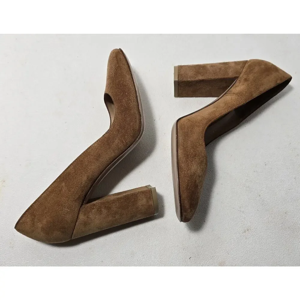 Gianvito Rossi Camel Cognac Suede Heels Pumps 36.5/6.5 Round Toe Block Heel $895